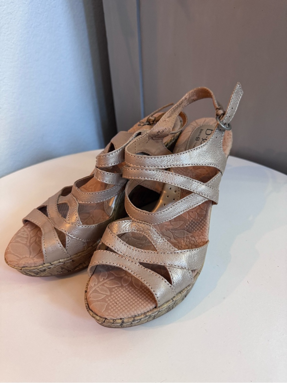 b.o.c. Metallic Beige/Tan Strappy Wedge Sandals